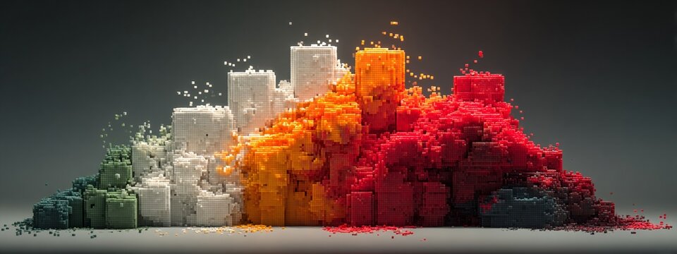 a pixel art design resembling a rainbow of colors combined together, arranged in a pyramid shape