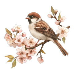 Watercolor House Sparrow Bird on Pink Cherry Blossom Branch, Vector Illustration

