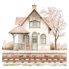 Watercolor Rustic Train Station with Blossoming Tree and Railway Tracks, Vector Illustration
