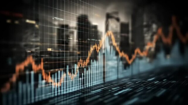 Dynamic financial markets shown through a grid and skyline, revealing the ebb and flow of investment strategies, and complex trading paradigms