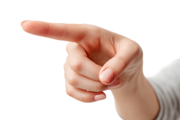 Close-up of a hand pointing outward.  Light-skinned hand, fingers extended, pointing directly to the right of the image.  Pale nails.  Against a black background