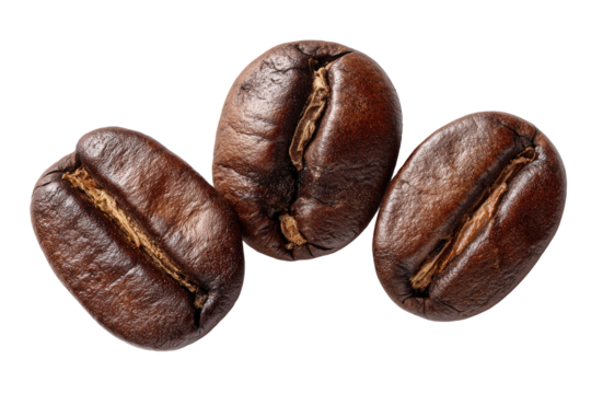 Close-up of three roasted coffee beans.  Dark brown, slightly textured, and oval-shaped beans are in a loose grouping against a black background.  Visible are natural imperfections and grooves