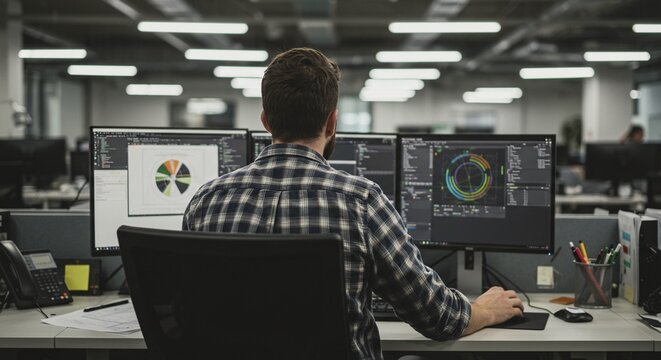 Data analyst working at a computer with multiple screens displaying complex charts and data visualization.