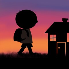 夕焼けの中のシルエット：家に帰る小学生