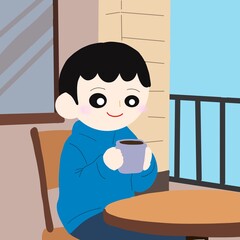 カフェのテラス席でホットドリンクを片手にする人
