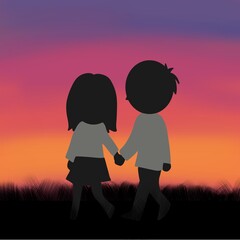 夕焼け空を背景にしたシルエットイラスト：カップルが手をつなぐ
