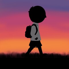 夕焼け空を背景にしたシルエットイラスト：学生（制服姿で帰宅中）