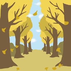  落ち葉が舞う並木道（イチョウ並木）