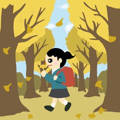 落ち葉が舞う並木道の通学途中の学生とランドセル