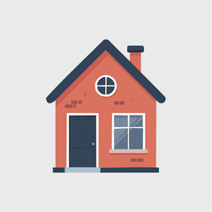 Illustration of a red brick house with a dark blue roof and door on a light gray background.