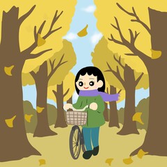 自転車を押しながら落ち葉が舞う並木道（イチョウ並木）を歩く人