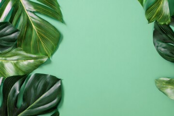 Minimalist flat lay design featuring lush tropical leaves on a plain background.