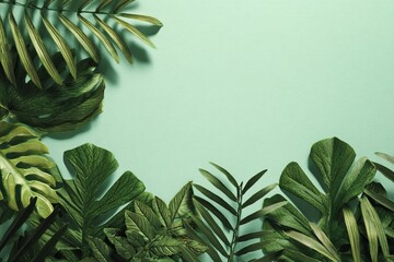 Modern nature-inspired layout with tropical leaves symbolizing freshness and growth.