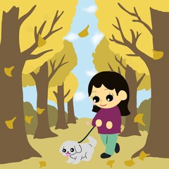 犬の散歩と落ち葉が舞う並木道（イチョウ並木）