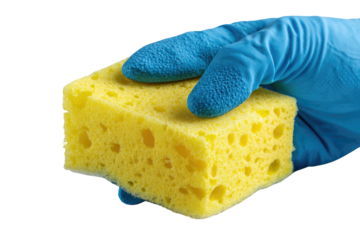 A hand in a blue rubber glove holds a yellow cleaning sponge