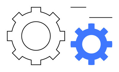 Two gears, one outlined and one solid blue, in motion-thumbs up arrangement. Thin lines suggest connection. Ideal for teamwork, collaboration, process, engineering, productivity technology