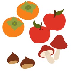 柿・りんご・栗・きのこのイラストセット