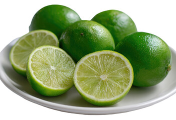 Fresh limes on a plate, whole and sliced