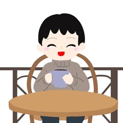 コーヒーを片手にテラス席で過ごす人