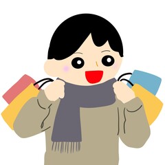 ブラックフライデーや冬のセールで買い物袋を持つマフラー姿