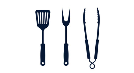 Simple illustration depicting a spatula fork and tongs in dark blue