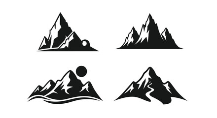 Black and white mountain range designs with sun and water elements
