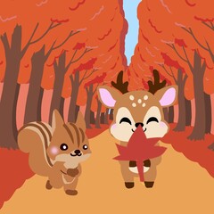 リスやシカと紅葉の風景