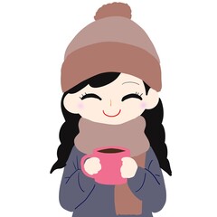 女性がニット帽やマフラー姿でホットドリンクを持つシーン