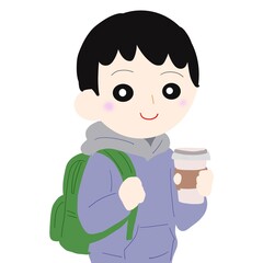 学生がリュックを背負いながら片手にコーヒーカップ