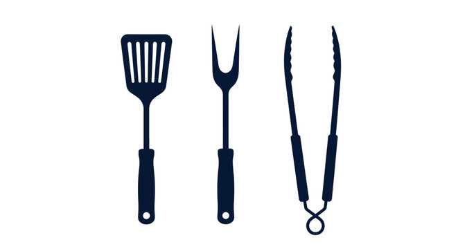 Simple illustration depicting a spatula fork and tongs in dark blue