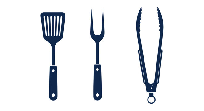 Simple illustration of a spatula fork and tongs in dark blue tones