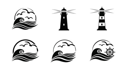 Black and white nautical icons featuring lighthouses waves and birds