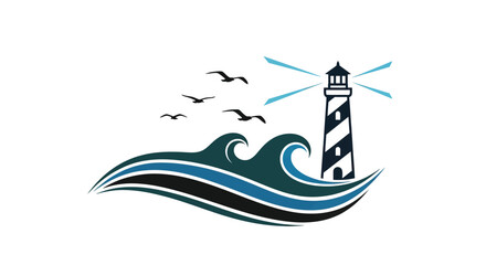 Stylized illustration of a lighthouse with waves and soaring seabirds