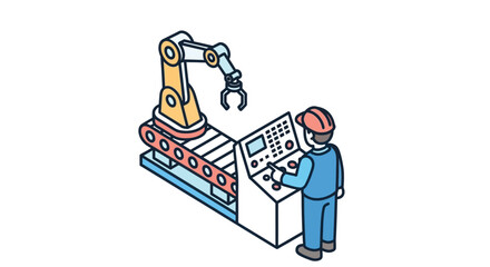 Industrial robotic arm and factory worker operating machinery in automation process