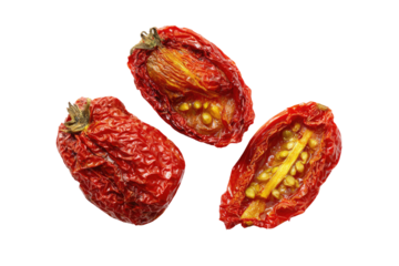 Three sun-dried tomatoes, halved, show wrinkled, deep red skins and visible, golden seeds within