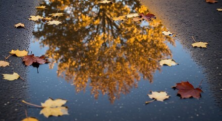 Autumn's fleeting portrait captured in a puddle's reflective canvas