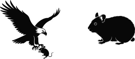 Eagle and rodent silhouettes, predator prey icons, wildlife contrast graphics, black nature design, food chain symbols, minimal vector set
