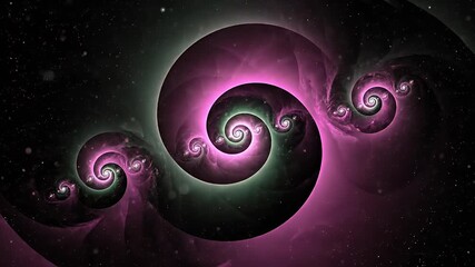 Dynamic fractal spirals glow with ethereal pink light amidst a starry cosmic void, suggesting infinite exploration and discovery. - Powered by Adobe