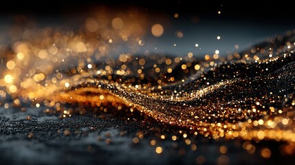 Abstract dark background with golden glowing particles and wavy surface.