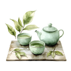 Watercolor Green Tea Set Teapot and Cups with Leaves Vector Clipart
