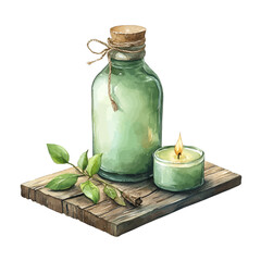 Watercolor Spa Bottle and Candle on Wood Board Vector Clipart

