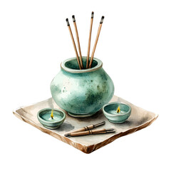 Watercolor Incense Burner and Candles Zen Clipart Vector
