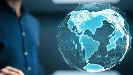 Person Interacting with Digital Globe in Futuristic Technology Environment - Powered by Adobe