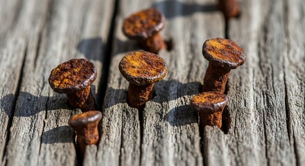 Close-up of weathered wood surface embedded with oxidized nails hinting at the passage of time and erosion