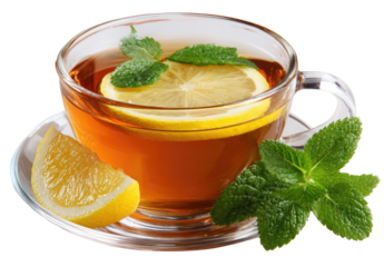 Transparent teacup filled with amber-hued tea, garnished with lemon slice and mint leaves