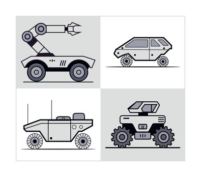 Futuristic Unmanned Ground Vehicle Silhouette Set &ndash; Modern Military Transport Icons