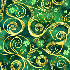 Ornate Gold and Green Celtic Swirls St. Patrick's Day Seamless Pattern Vector
