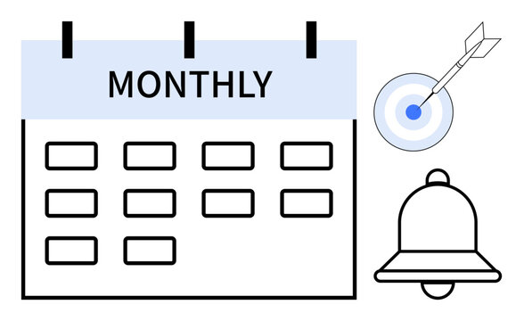 Calendar highlighting a monthly schedule with a notification bell and a target icon. Ideal for planning, reminders, productivity, goals, organization, time management, and focus. Clean and simple