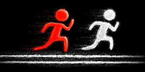 two stylized figures running in opposite directions on a black background