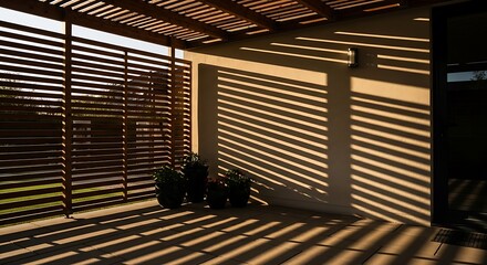 Exterior architectural composition with wooden pergola and sunlight shadows